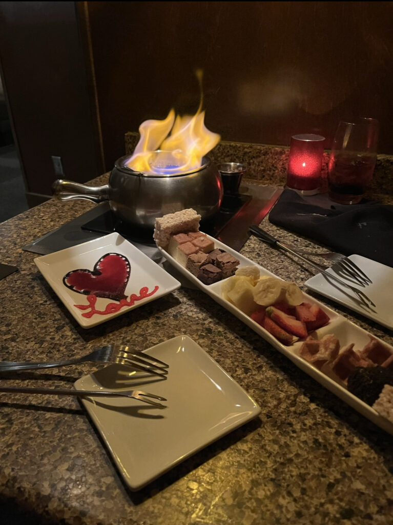 Eating as a family on Valentine's Day at a fondue restaurant